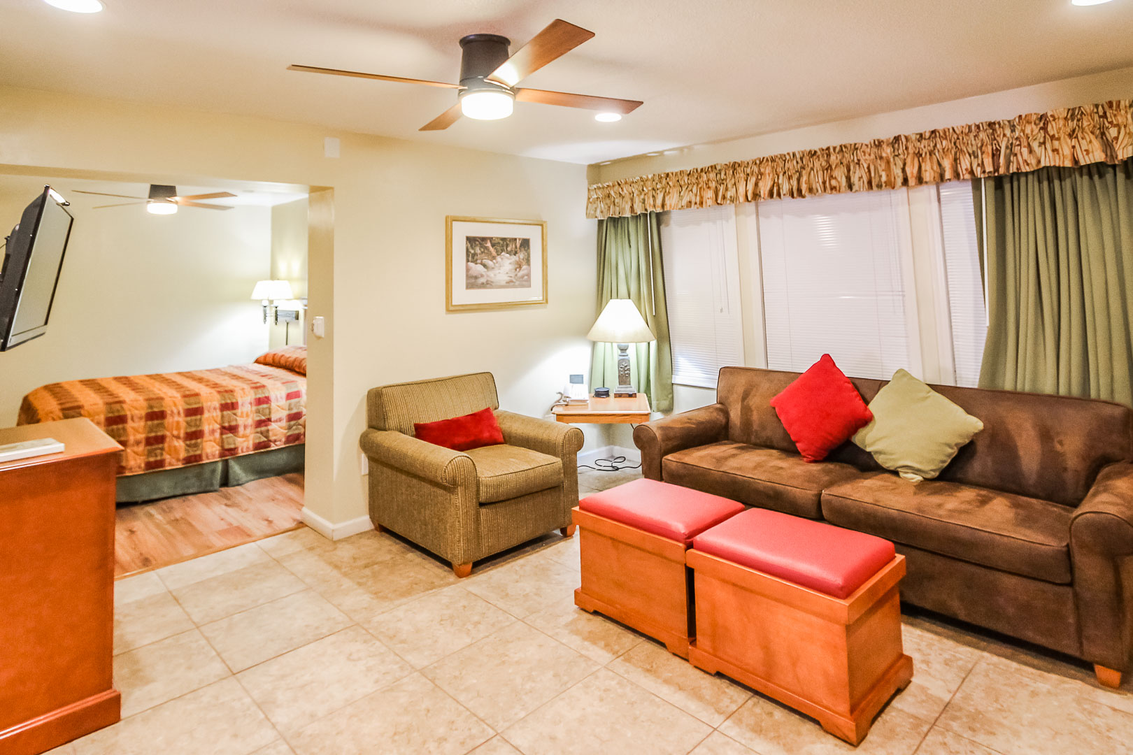 A one bedroom unit with a spacious living room at VRI's Roundhouse Resort in Pinetop, Arizona.